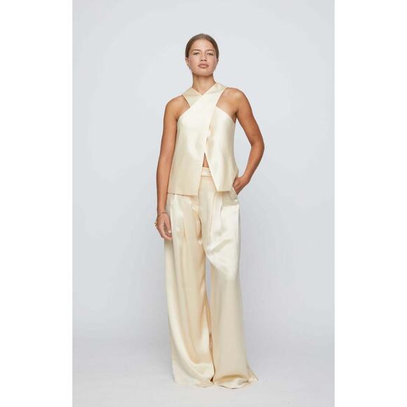 Anna Quan NWT Ivory Satin Mateo Wide Leg Pleated Pants Size 10 AU 6 US - Picture 1 of 6